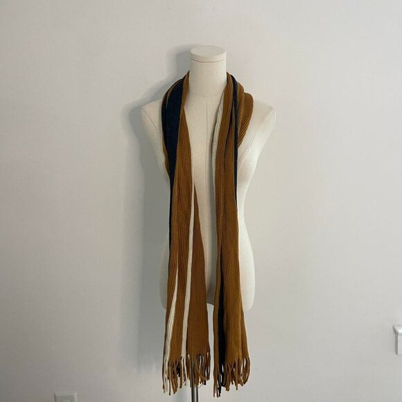 Striped Knit Fringe Scarf | Mustard, Black & Cream - Picture 3 of 5
